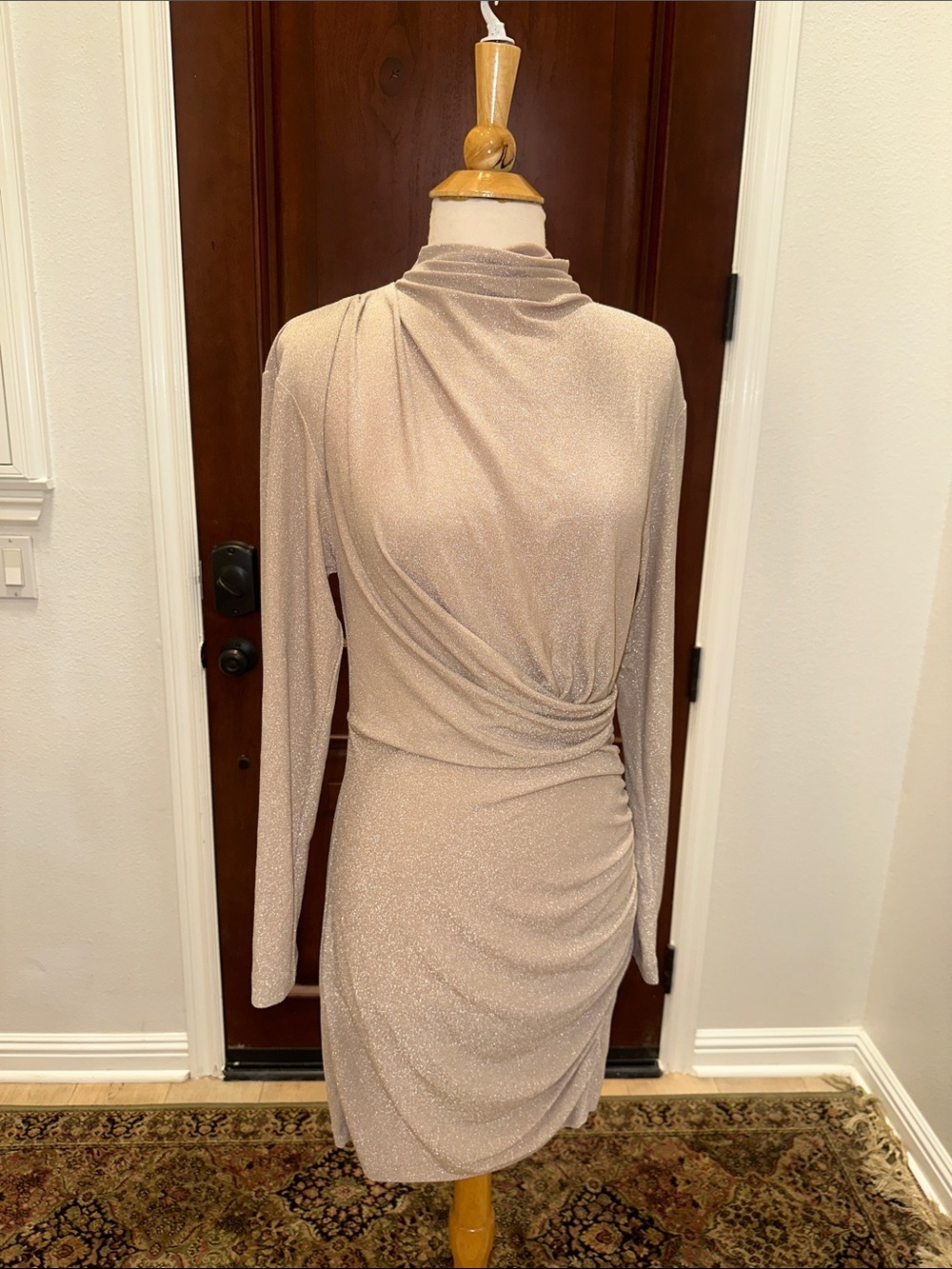 Diane Von Furstenberg Long-Sleeve Shimmery Taupe Draped Dress